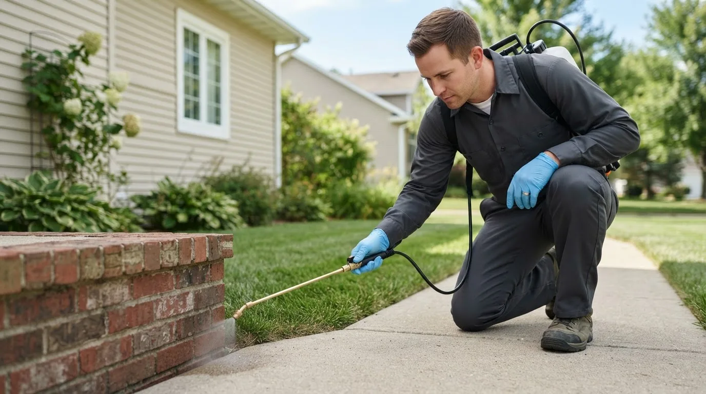 Pest control technician treating a home near Lehigh, OK