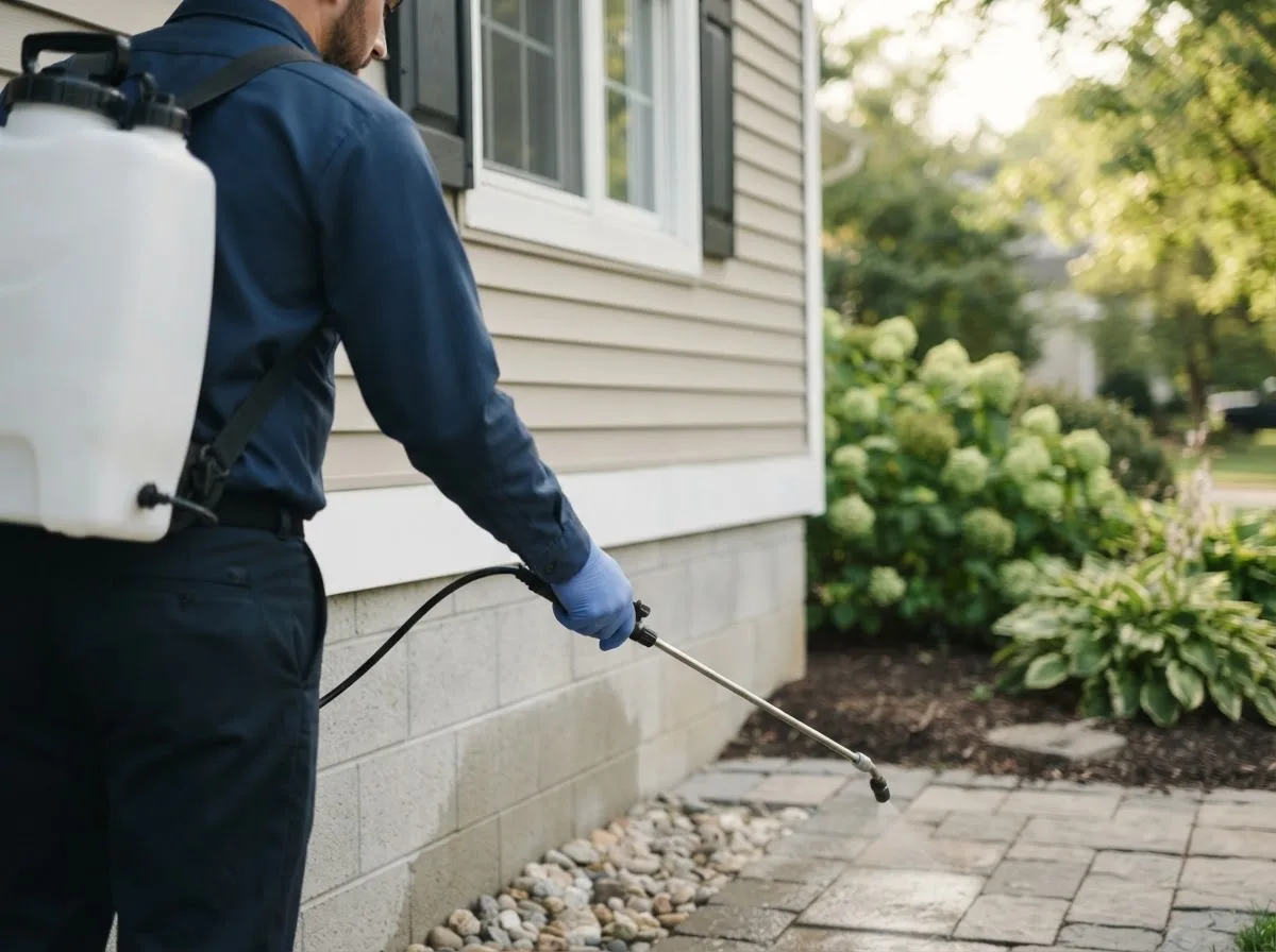 Pest control technician inspecting a home in Lehigh, OK